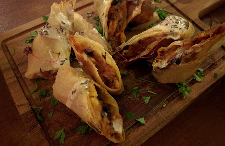 Moroccoan Potato and Raisin Pastry with Caraway Seed Yoghurt